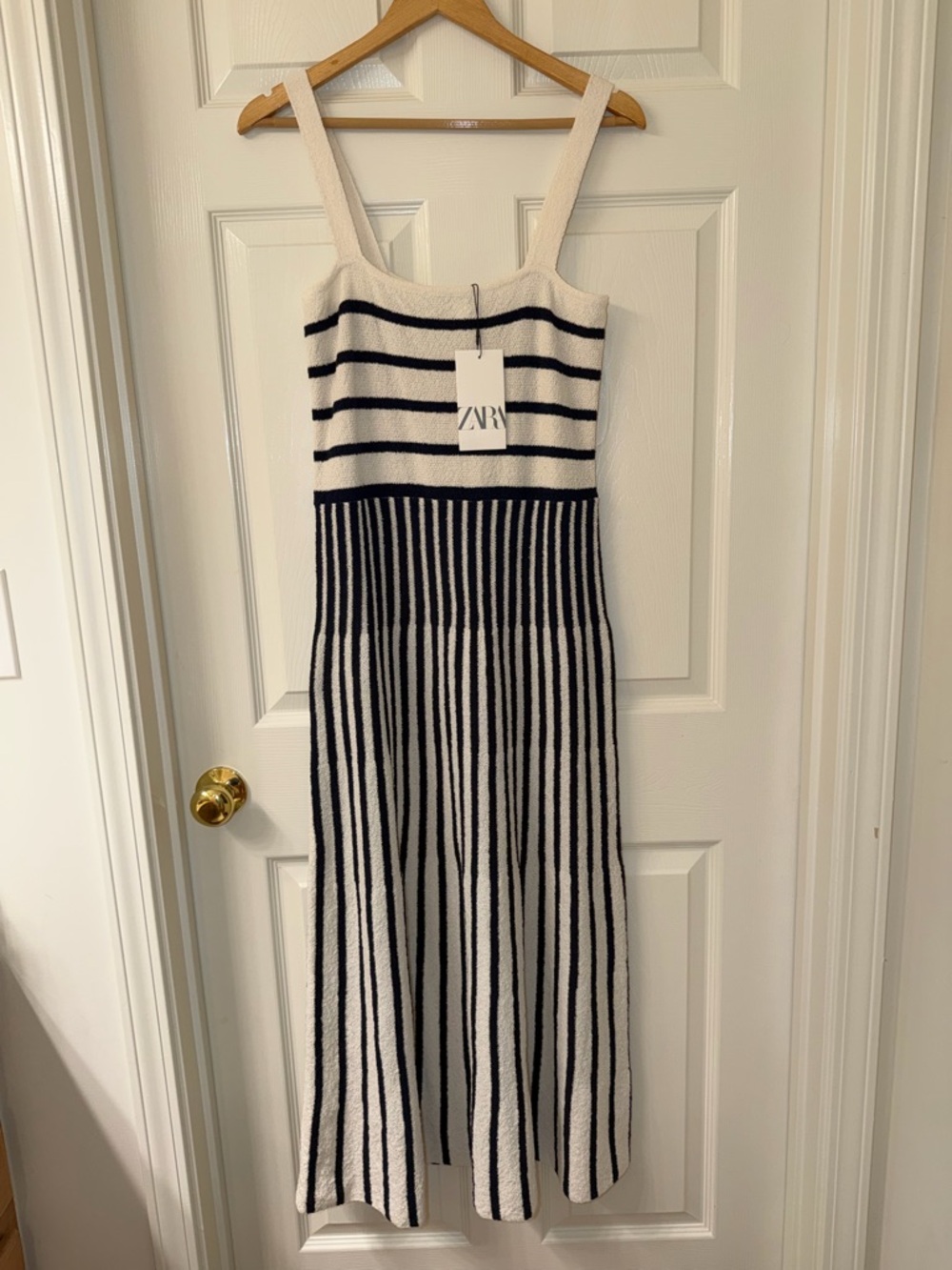 Zara White and Navy Striped Knit Midi Dress